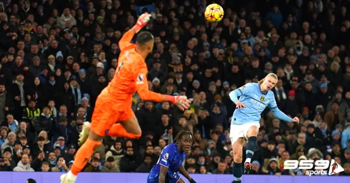 Erling Haaland reacts to Sanchez's mistake against Chelsea